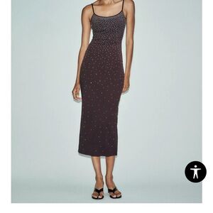 Zara Brown Midi Dress with Beaded Detail
